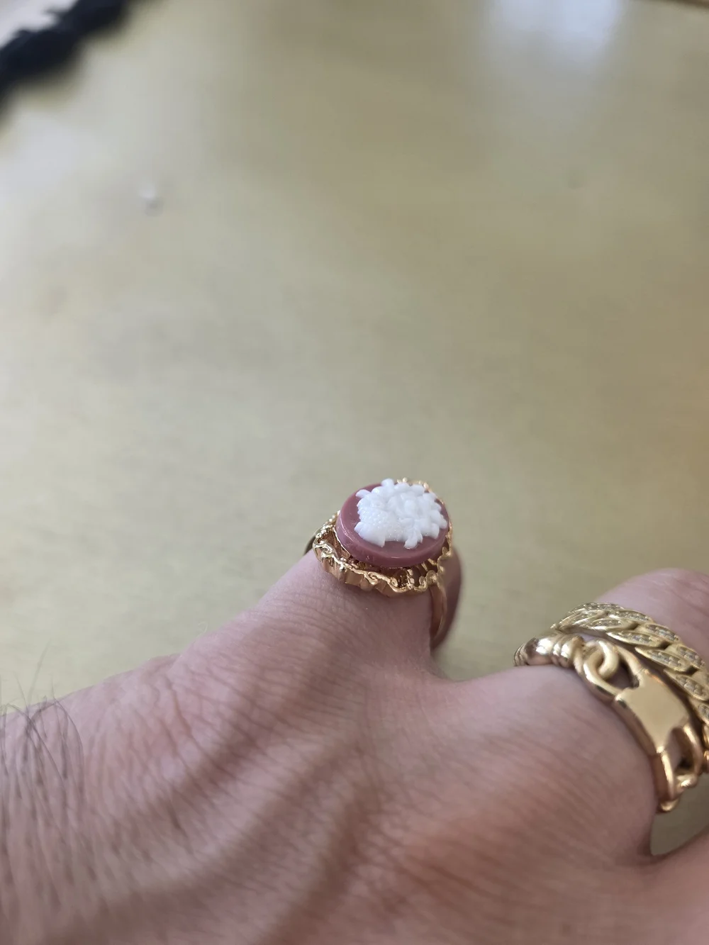 Gold-Tone Pink Cameo Ring with White Relief
